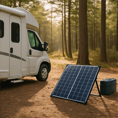 Solar panel set up beside a recreational vehicle in a forest, powering an outdoor battery