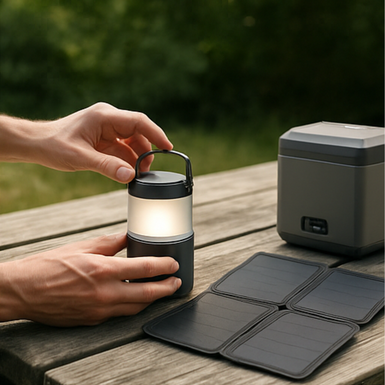 Portable LED solar-powered lantern placed on a picnic table, accompanied by foldable solar panels and a power station, ideal for camping and eco-friendly outdoor activities