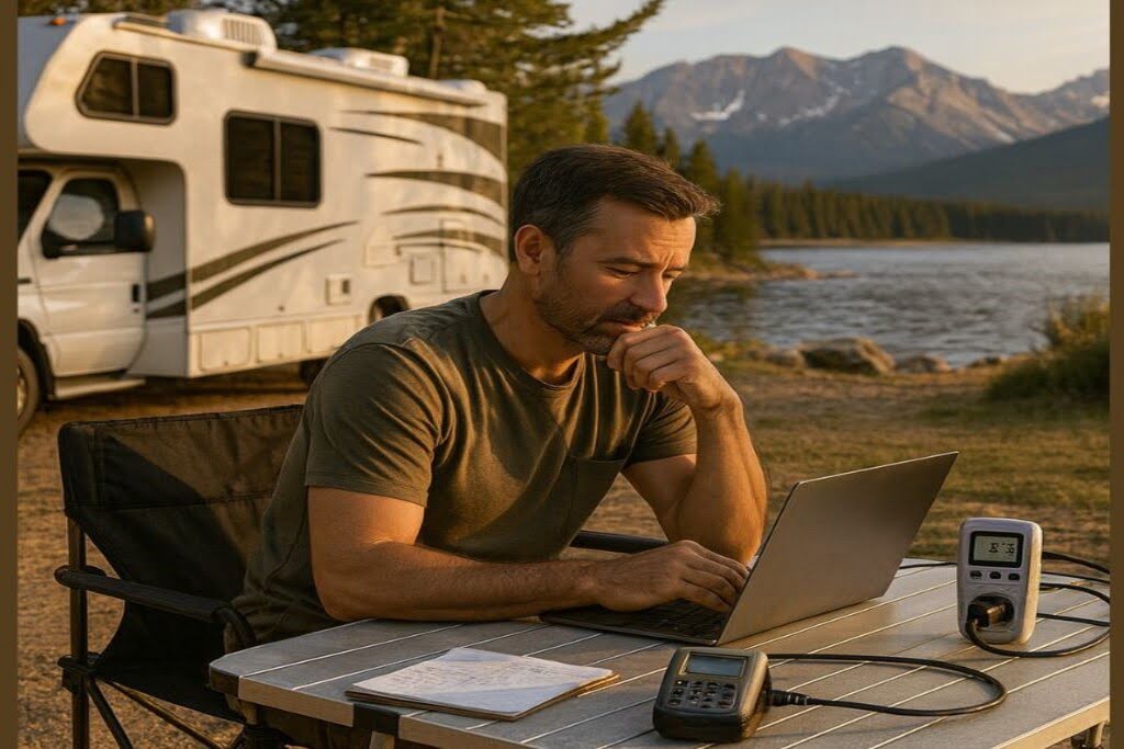 man calculating rv watt hours on a laptop at lakeside campsite with class c motorhome