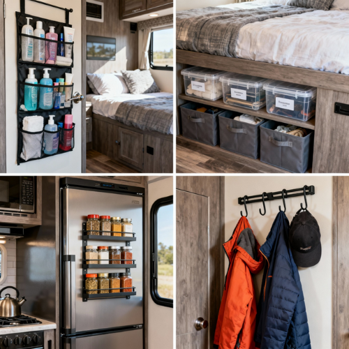 Converted van interior: light-wood furniture, single bed, kitchen, ample storage, and driving cabin under natural LED lighting, with a countryside view.