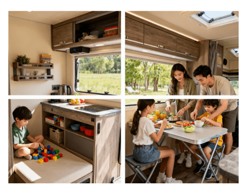 A collage of two ultra-realistic photos: in the first, children play in a tidy motorhome living area, surrounded by organized toys and compact furniture; in the second, a side view shows closed storage units and optimized spaces designed for comfortable family living during travel (see the generated image above).