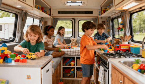 The children are playing in a tidy motorhome living area, surrounded by organized toys and compact furniture, while a side view shows closed storage units and optimized spaces designed for comfortable family living during travel.