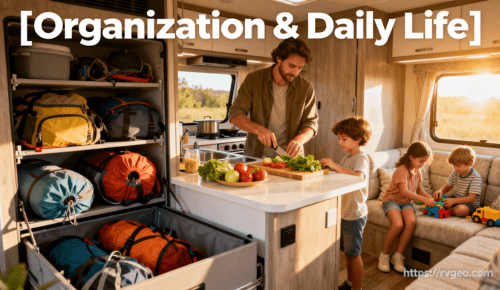 Organization & Daily Life Bright and warm scene of a family inside a well-organized RV: parents and children tidying their belongings and preparing a meal around a table, illustrating the simplicity and joy of daily life on the road, with the title “Organization & Daily Life” and the link “https://rvgeo.com” integrated into the image.