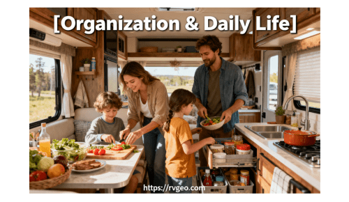 Bright and inviting interior of an RV featuring a family managing daily life with organization and meal preparation, showcasing efficient use of space and joyful moments together, with the bold title “Organization & Daily Life” centered and the URL “https://rvgeo.com” in a subtle footer.