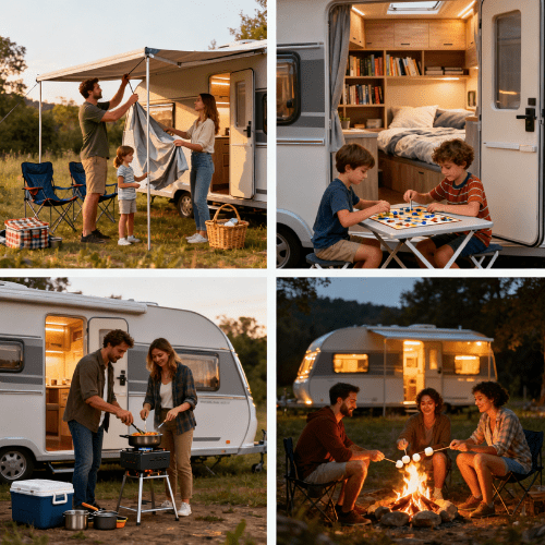 Intérieur lumineux d’un van aménagé en bois clair, avec coin salon-lit, rangements, cuisine et vue sur la cabine, le tout baigné de lumière naturelle