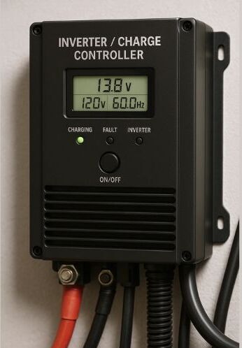 Close-up of an RV inverter and charge controller mounted on a wall, showing voltage and frequency readings with connected power cables.