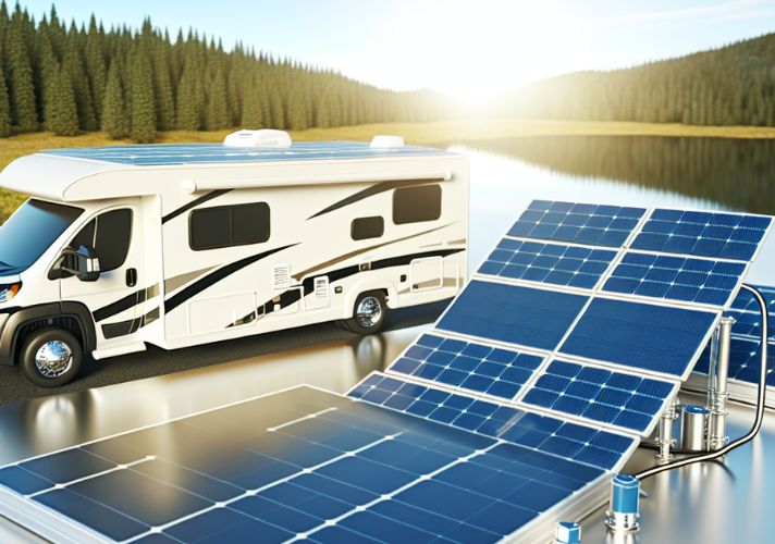 Realistic RV parked near a lake with rooftop solar panels and a full solar array setup in the foreground, illustrating off-grid energy management.