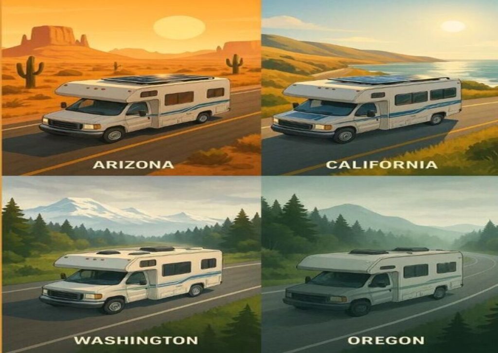 Class C RV with rooftop solar panels shown in four U.S. regions—Arizona desert, California coast, Washington mountains, and Oregon forests—to illustrate how climate affects solar performance.