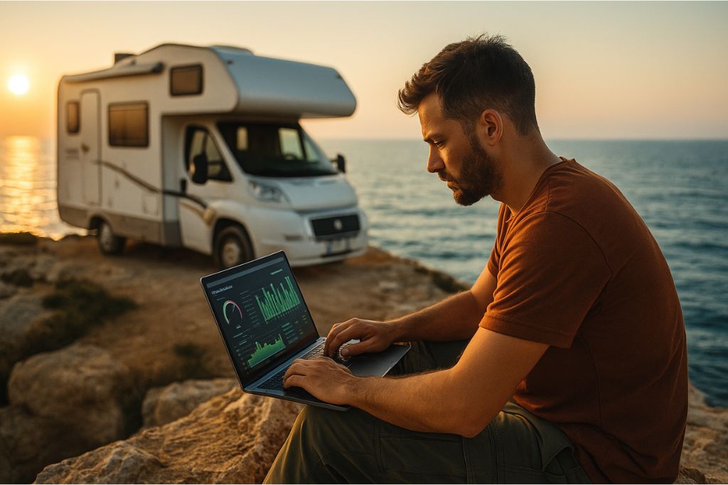 man reviewing RV power consumption charts on a tablet while parked near the ocean, illustrating real-world appliance runtime during coastal travel
