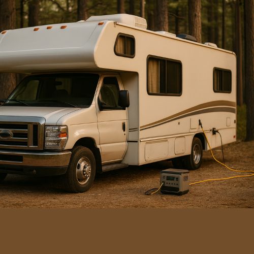 Class C RV connected to a portable power station in a forest campground showing mixed charging methods