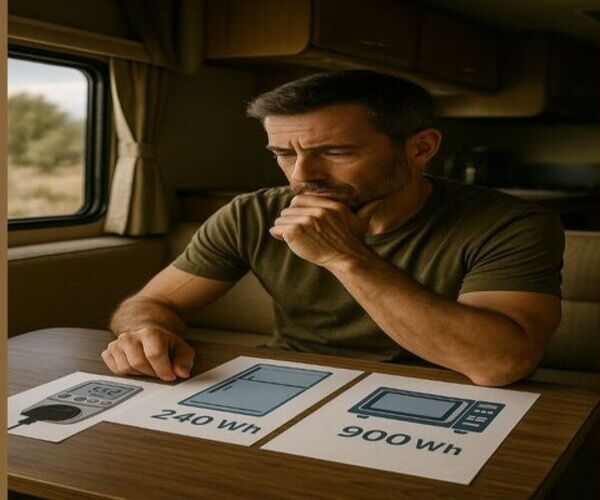 Man analyzing RV energy consumption with multiple portable devices on a wooden table