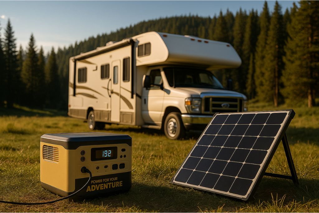 solar generator for RV connected to dual solar panels in a forest campground
