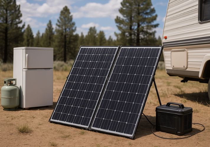 Portable RV solar panels powering appliances outdoors with fridge and propane tank in a forest campground
