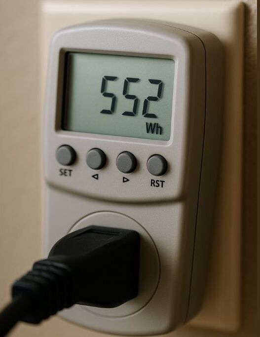 wattmeter measuring power consumption in an RV showing watt hours