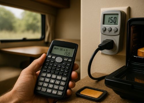 close-up of a wattmeter measuring device watt usage inside an RV for accurate watt-hour calculation