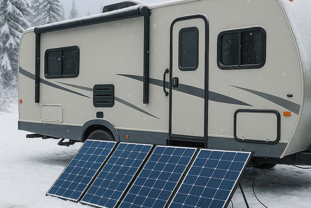 Realistic RV solar setup outdoors with panels charging in natural light – hero image for RV solar panel sizing guide