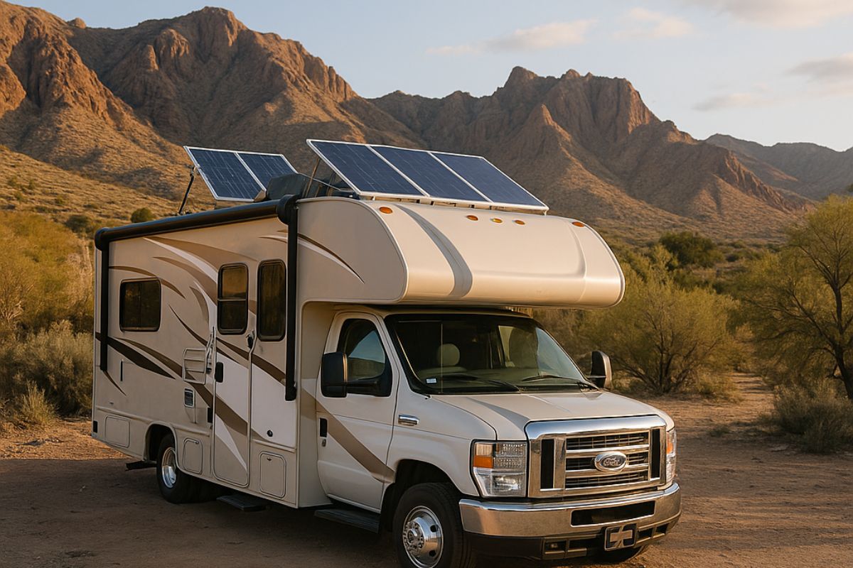 solar generator for RV in desert landscape with roof-mounted solar panels