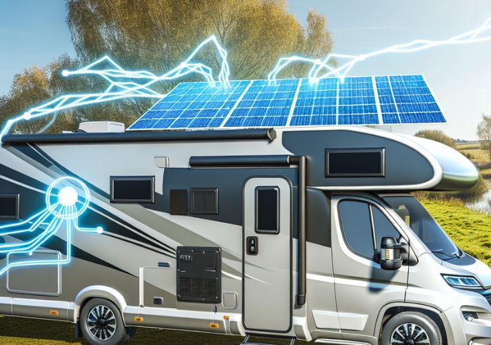 Modern RV equipped with rooftop solar panels parked outdoors on a sunny day