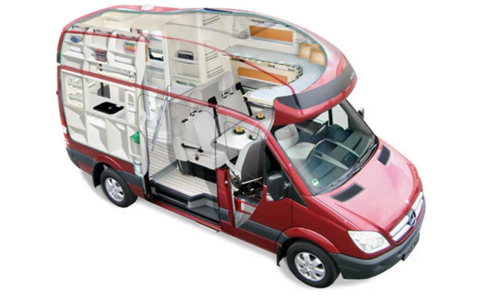 Cutaway rendering of a compact camper van revealing the interior floor plan with seating, kitchen, bathroom, and bed areas.
