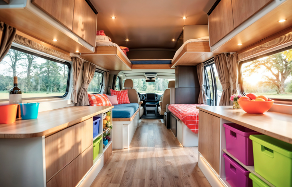 Interior of a modern campervan with wooden cabinets, cozy beds, colorful storage bins, and large windows letting in natural sunlight