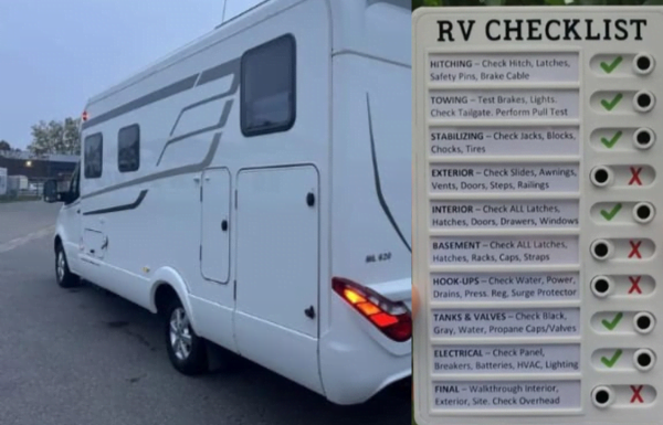 a white RV parked outdoors in a parking lot on the left side of the image On the right side there is a close-up of an RV checklist with categories such as Hitching Towing Stabilizing Exterior Interior Basement Hook-Ups Tanks & Valves Electrical and Final Each category has checkmark or X marks indicating the status of each check