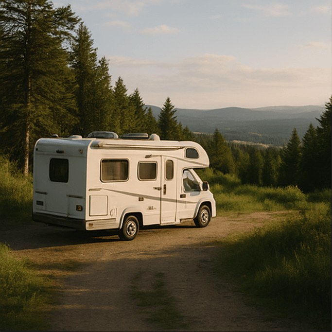 RV parked in a forest clearing at sunrise, illustrating eco-responsible travel and low-impact camping