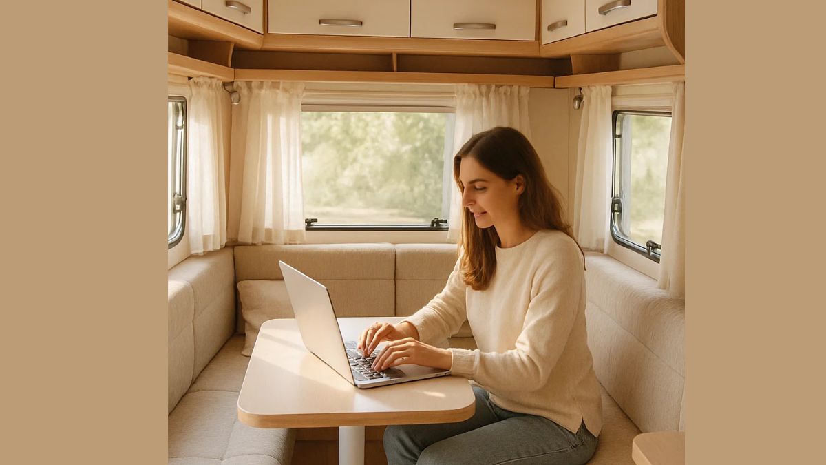 Woman working on a laptop inside a modern RV interior