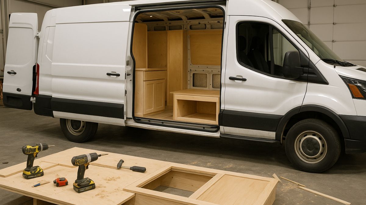 American van conversion kits installation inside a camper van workshop