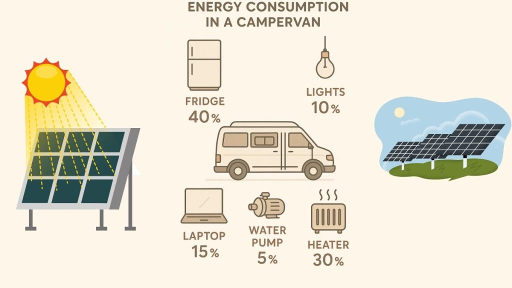 Infographic showing energy consumption in a campervan powered by solar panels

