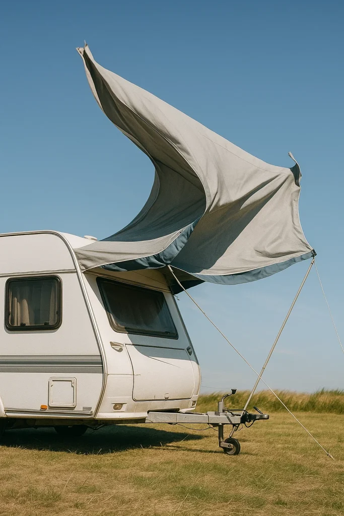 Caravan awning damaged by strong wind