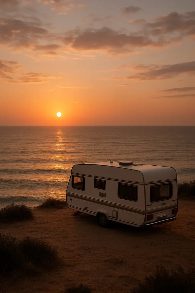 Caravan parked on a cliff edge overlooking a calm ocean at sunset, with the sun low on the horizon and warm orange light reflecting on the water