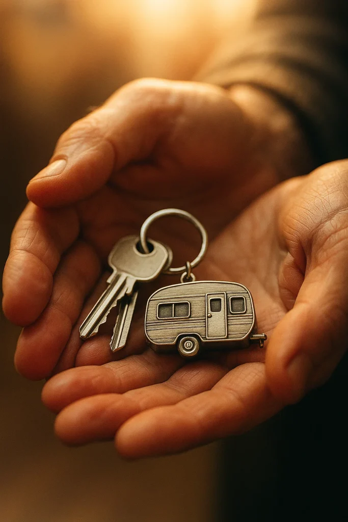 Close-up of open hands holding a small set of house keys attached to a metal caravan-shaped keychain in warm, golden light.