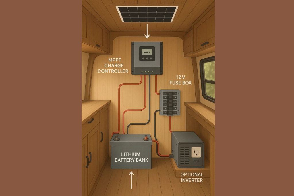 Rigid solar panels mounted on the roof of a campervan for efficient off-grid power
