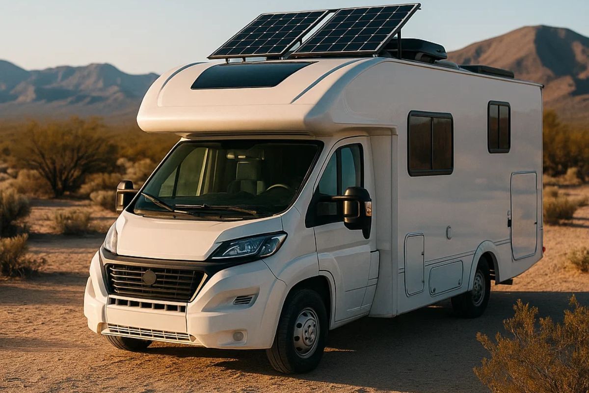 RV with 200–400 watt solar panels on the roof parked in a sunny desert campsite