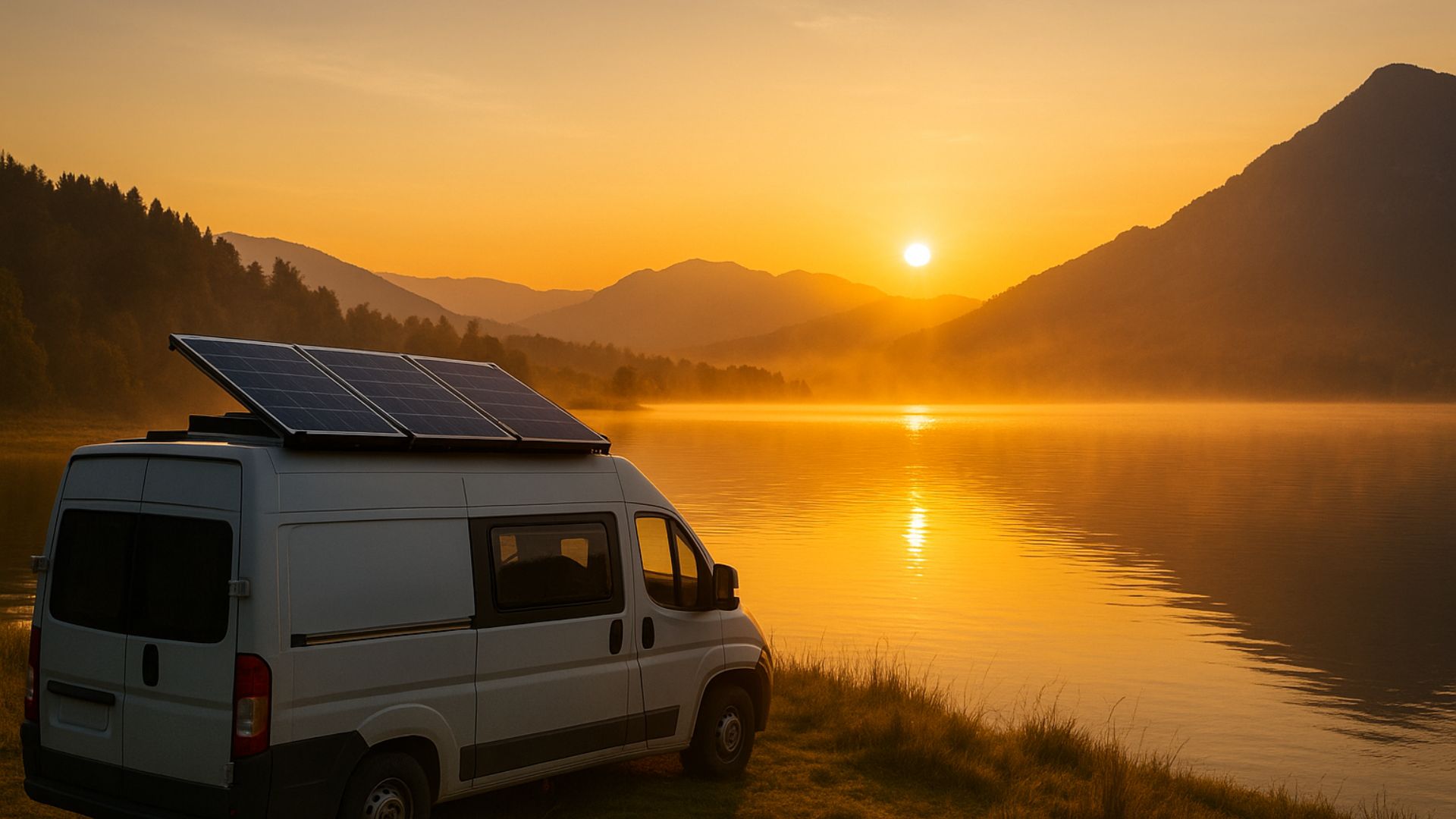 Campervan with roof solar panels parked by a lake at sunrise