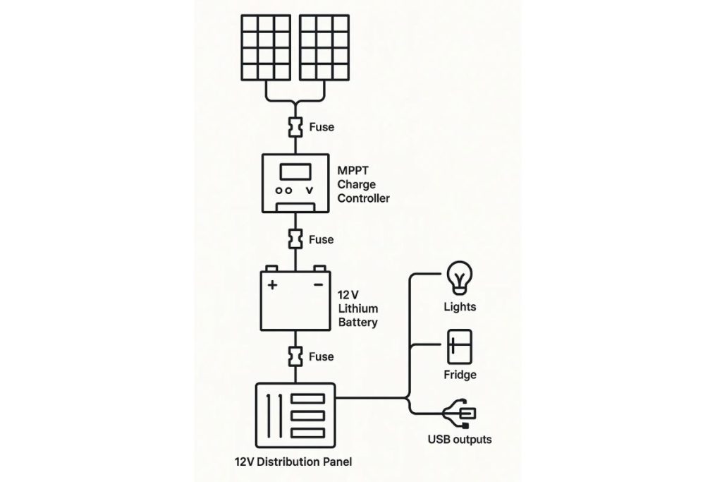 Solar wiring diagram showing panels connected to an MPPT charge controller, a 12V lithium battery, and a distribution panel for lights and fridge.
