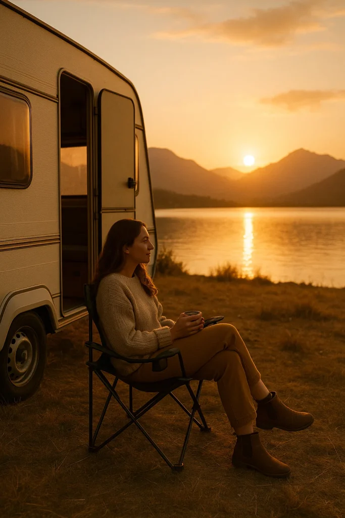 Woman relaxing outside her caravan at sunset near a lake