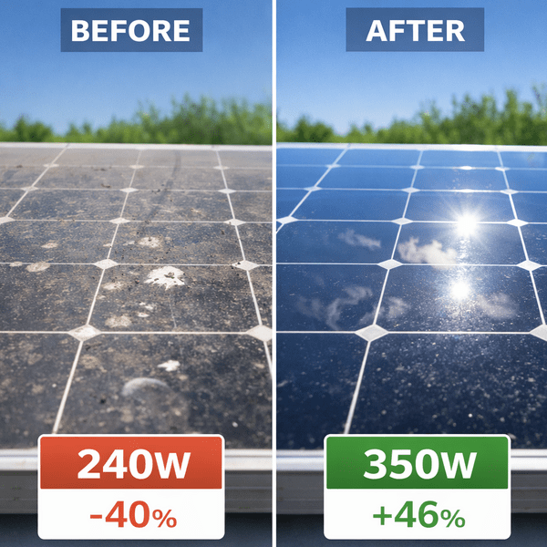 Before and after comparison of a solar panel cleaning. The left side shows a dirty panel with dust, bird droppings, and grime, while the right side shows a clean, reflective panel with improved wattage production from 240W to 350W