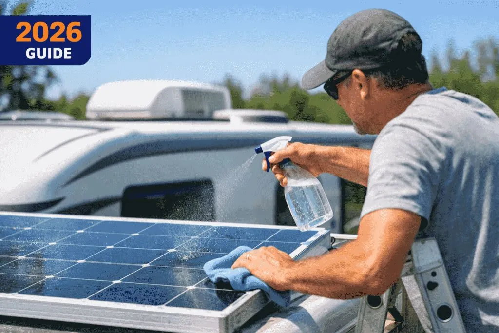 Before and after comparison of a solar panel cleaning. The left side shows a dirty panel with dust and bird droppings, while the right side shows a clean, shiny panel with improved wattage production from 240W to 350W