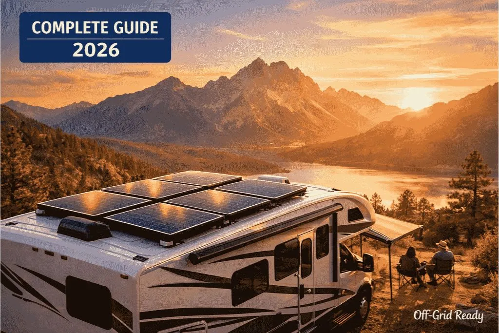 Modern RV with rooftop solar panel array parked in mountain landscape at golden hour sunset representing complete off-grid power system installation and energy independence