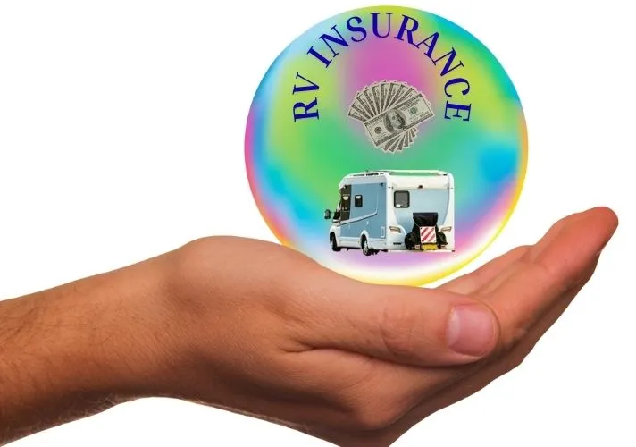  protective hand cradling an RV and money inside a colorful bubble symbolizes financial security with RV insurance.