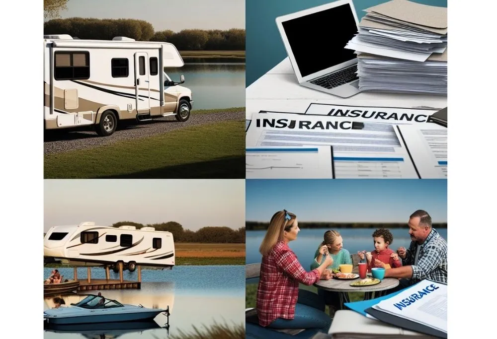 Recreational vehicles by a lakeside, insurance documents on a desk, and a family eating together outdoors, illustrating RV and boat insurance coverage.