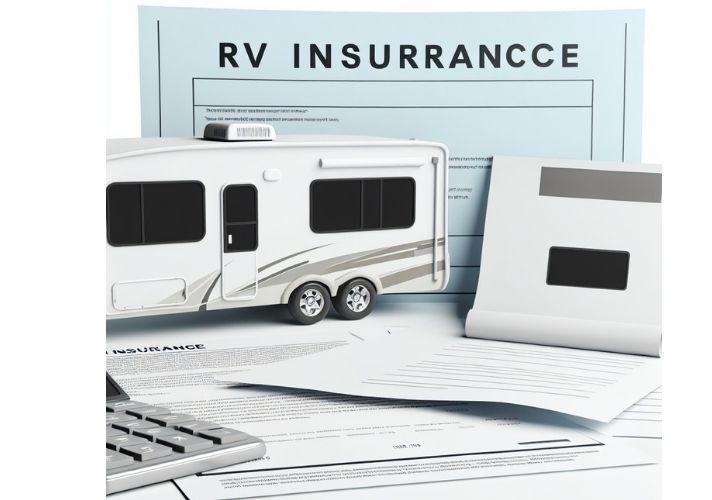 A model of a travel trailer RV sits among scattered paperwork, a calculator, and large documents labeled “RV INSURRANNCE,” representing recreational vehicle insurance forms and costs