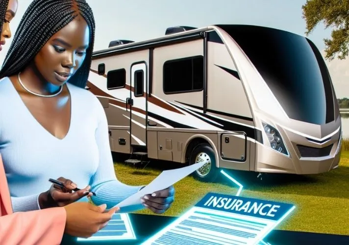 Two women review insurance paperwork at a table in front of a large, modern motorhome parked on grass, with a glowing digital “INSURANCE” document overlayed in the foreground