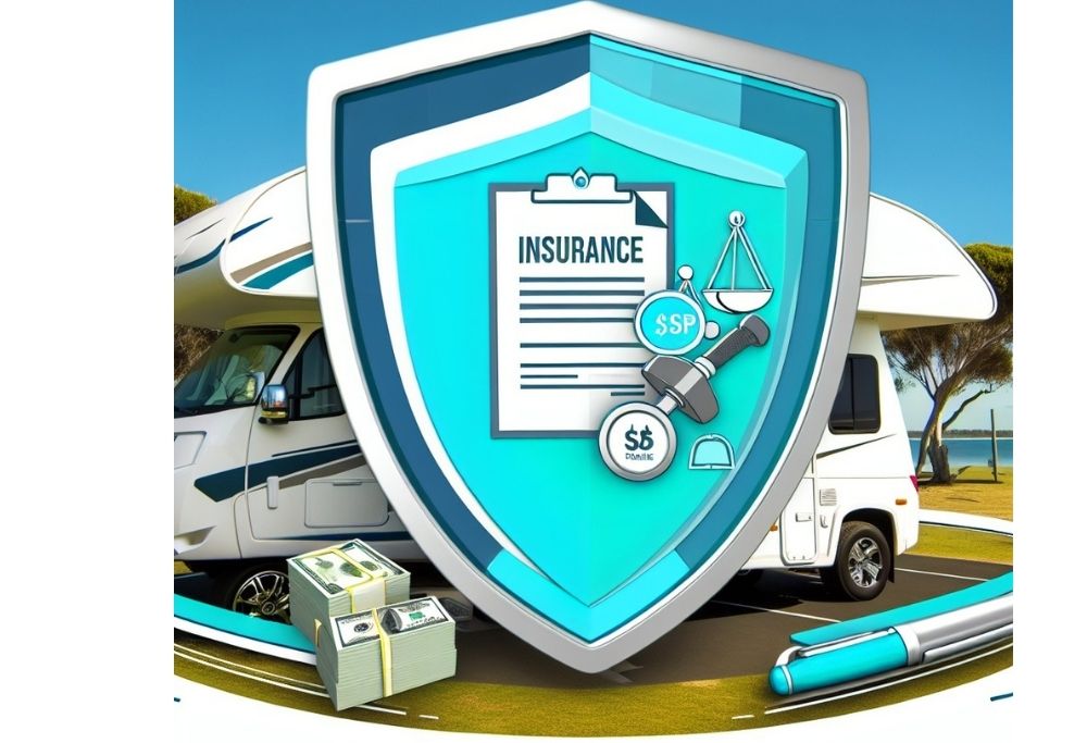 Illustration of a large blue shield with an insurance document icon in front of a motorhome, symbolizing RV insurance protection, with money stacks and legal symbols around it.