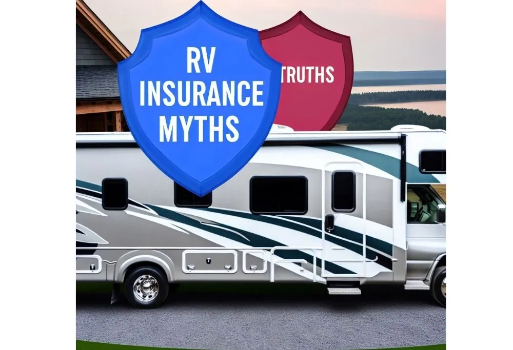 Large motorhome parked outdoors with two overlapping shield icons, one blue reading “RV Insurance Myths” and one red partially showing the word “Truths”.