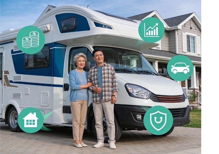 Middle-aged couple standing in front of a white and blue motorhome parked in a suburban driveway, surrounded by green insurance-style icons showing money, a bar chart, a car, a house, and a shield.