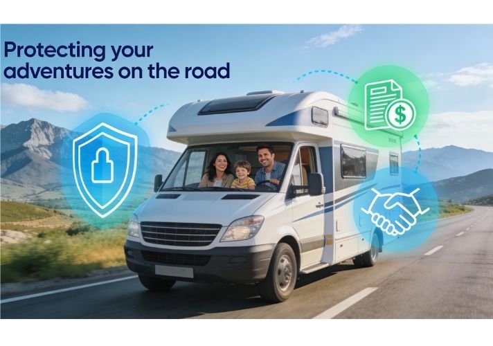 Family driving a white motorhome along a scenic mountain road, with large translucent icons of a security shield, contract with dollar sign, and handshake symbolizing RV insurance protection.