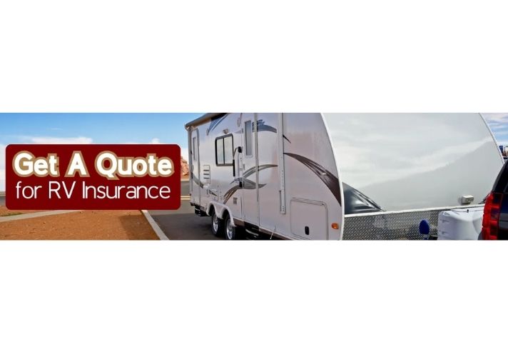A white RV trailer hitched to a black vehicle at the edge of a road, with a large red banner reading “Get A Quote for RV Insurance.
