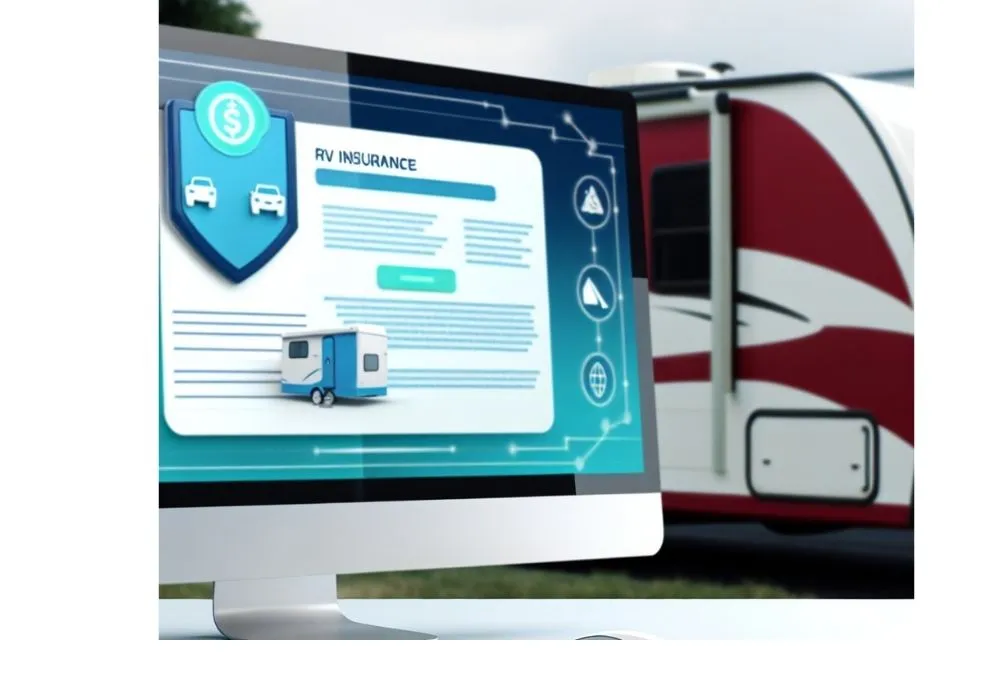 Computer monitor displaying an RV insurance webpage with icons and a small trailer graphic, set in front of a red and white recreational vehicle.